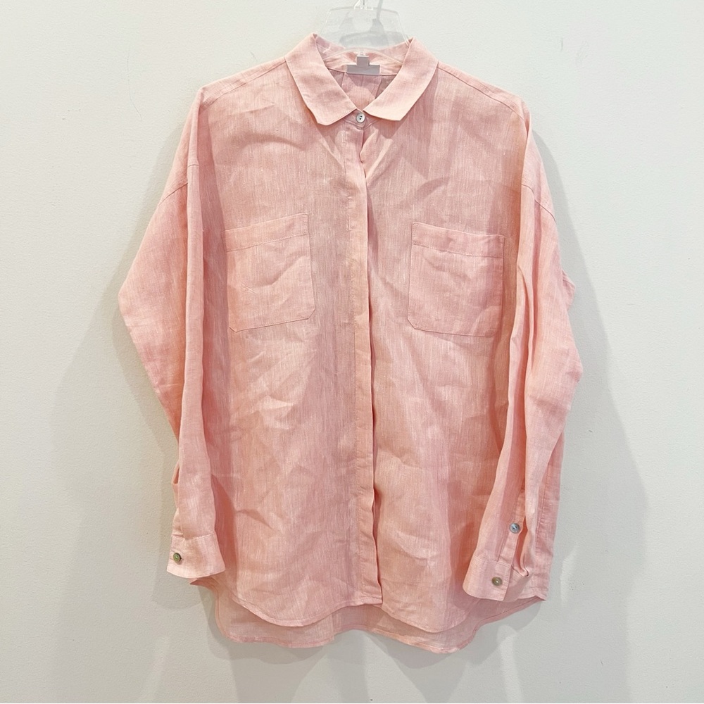J Jill Love Linen Shirt Top Womens Small Pink Button Up Long Sleeve Tunic Length